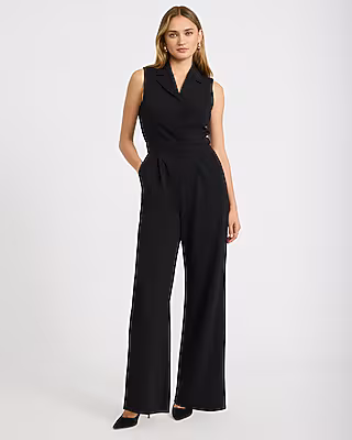 V-Neck Tailored Wide Leg Blazer Jumpsuit with Pockets