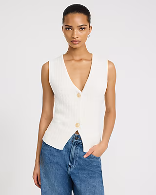 Cotton Textured V-Neck Gold Button Cutaway Sweater Vest