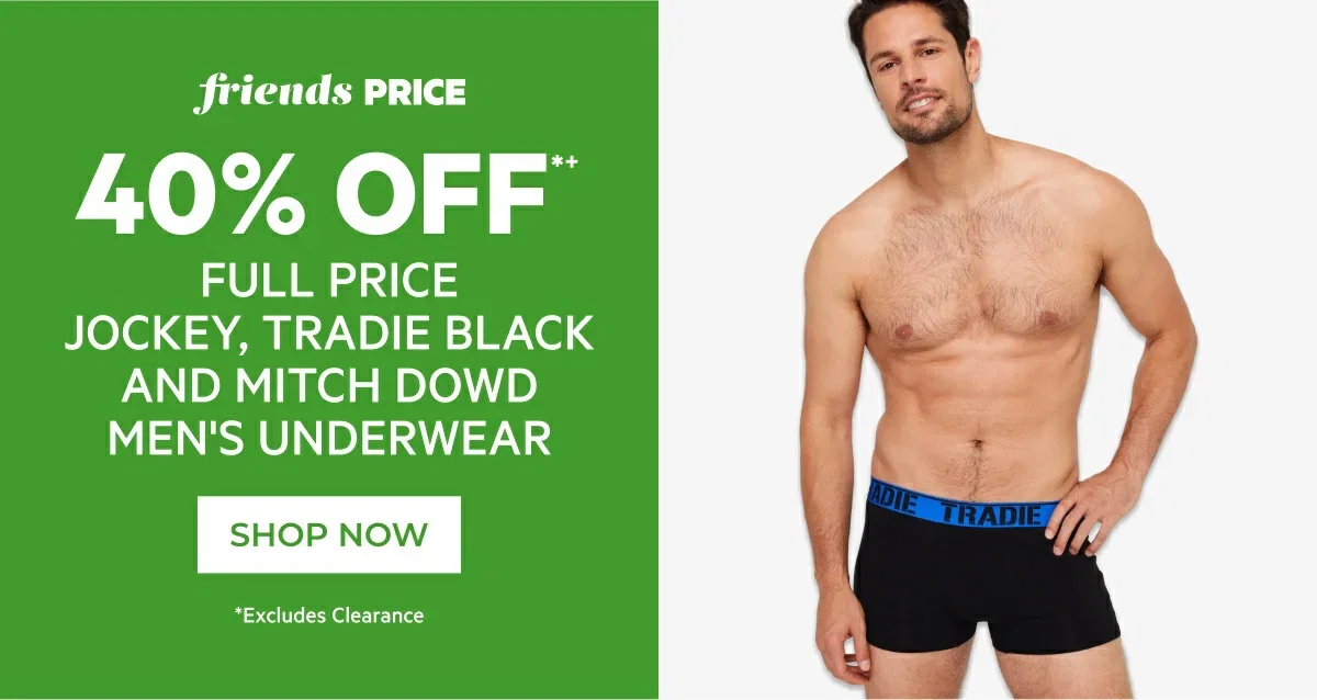 40% Off Full Price Jockey, Tradie & Mitch Dowd Men's Underwear