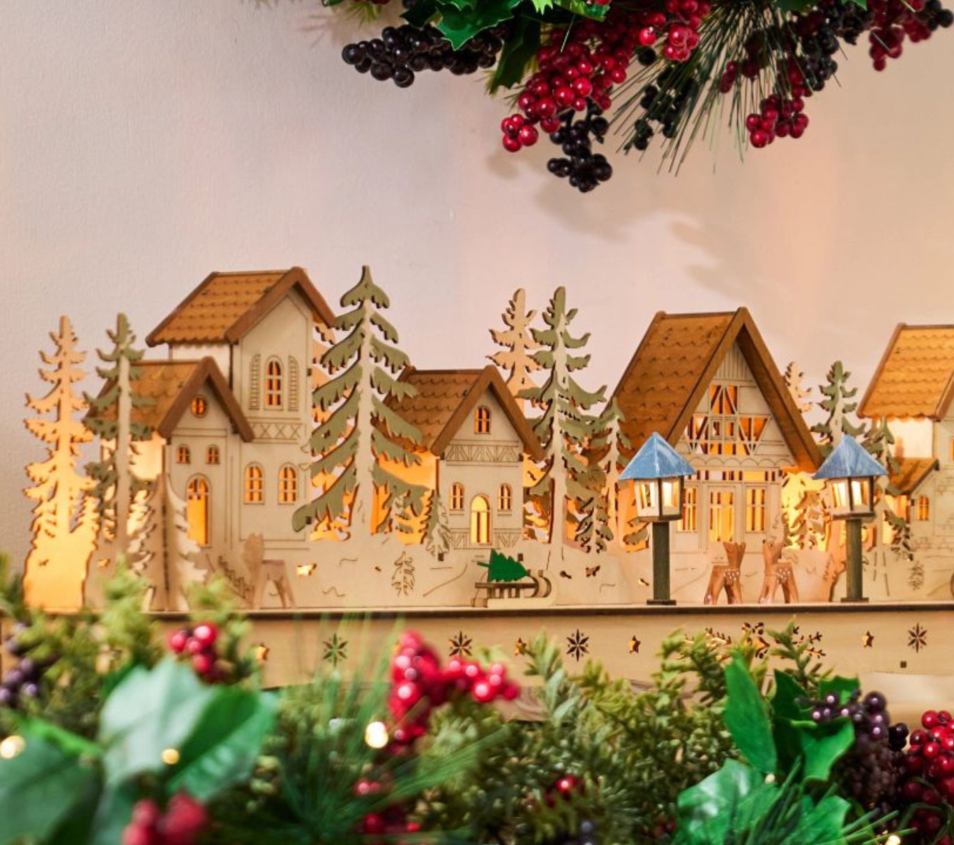 Lit Wooden Mantel Village