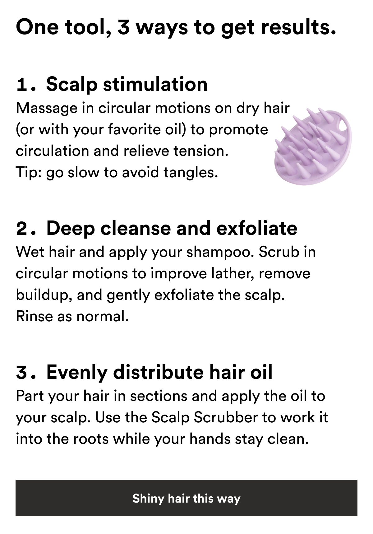Text describing how the Boie Scalp Scrubber can be used for scalp stimulation, deep cleansing & exfoliation, and to evenly distribute hair oils.