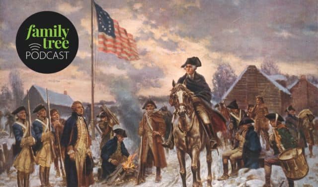 Painting of Revolutionary War soldiers gathered around a campfire with an officer on horseback, U.S. flag flying, and podcast logo in the corner.