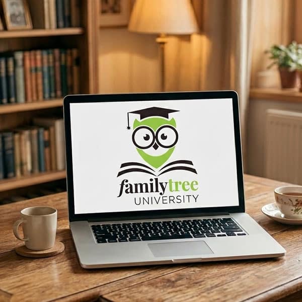 A laptop on a wooden table displays the Family Tree University logo, featuring an owl with glasses and a graduation cap. Bookshelves and a window are in the background.