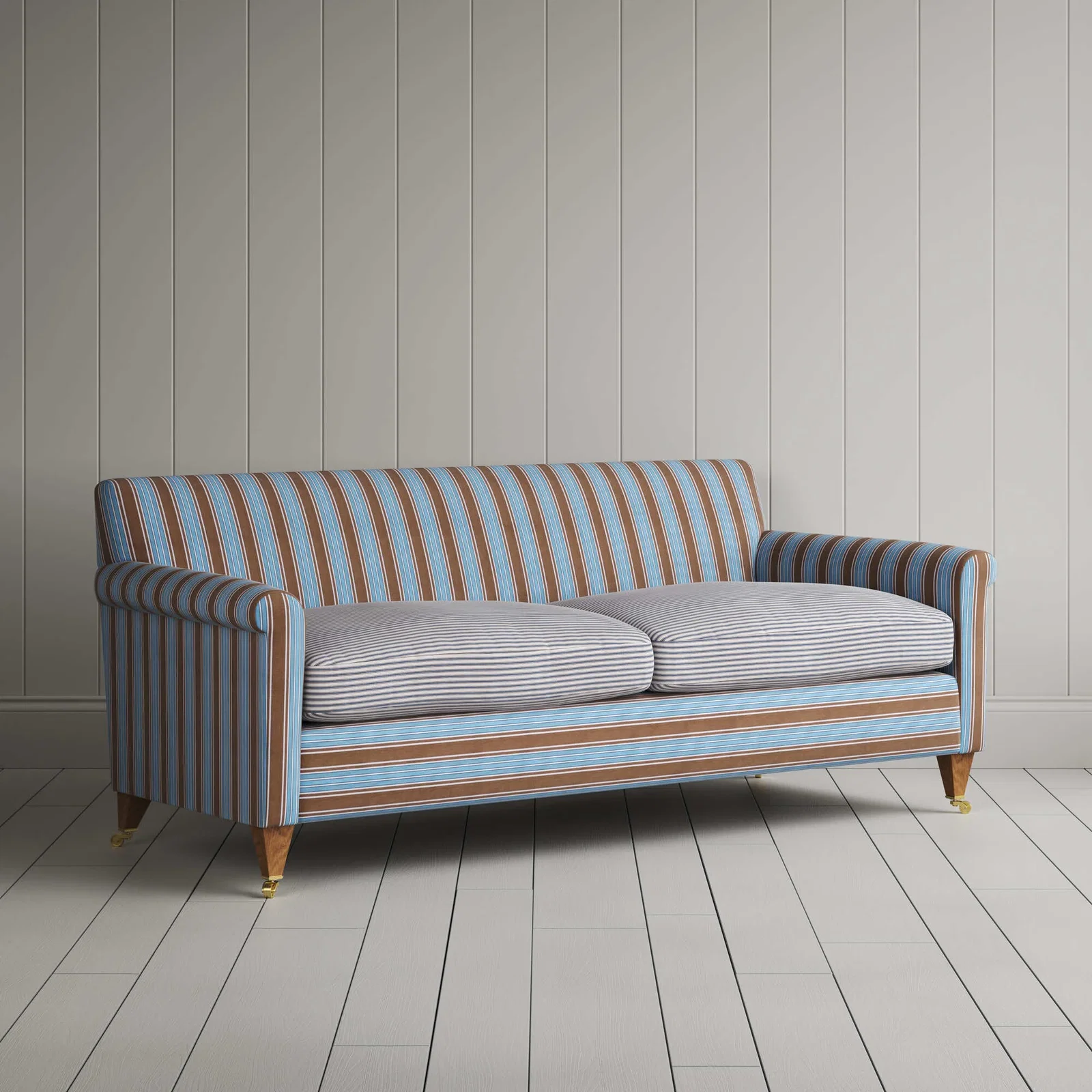 Image of Idler 3 Seater Sofa in Regatta Blue Frame and Ticking Blue Brown Seat