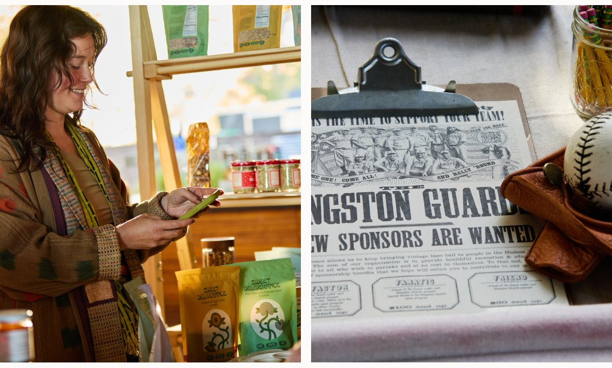 # Alt Text:

Woman holding organic products at market; vintage baseball newspaper clipping with glove nearby.