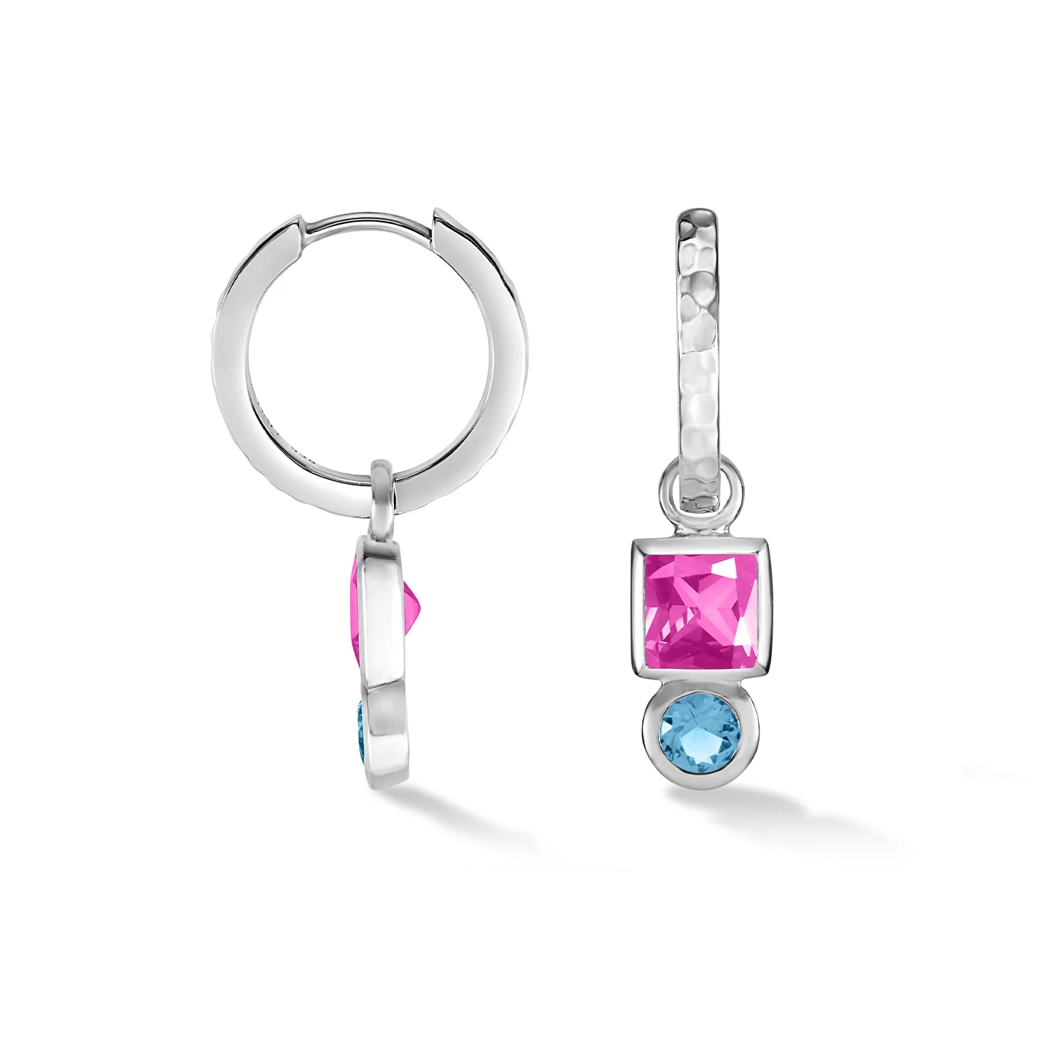 Image of Square Pink Tourmaline Hammered Huggie Hoops