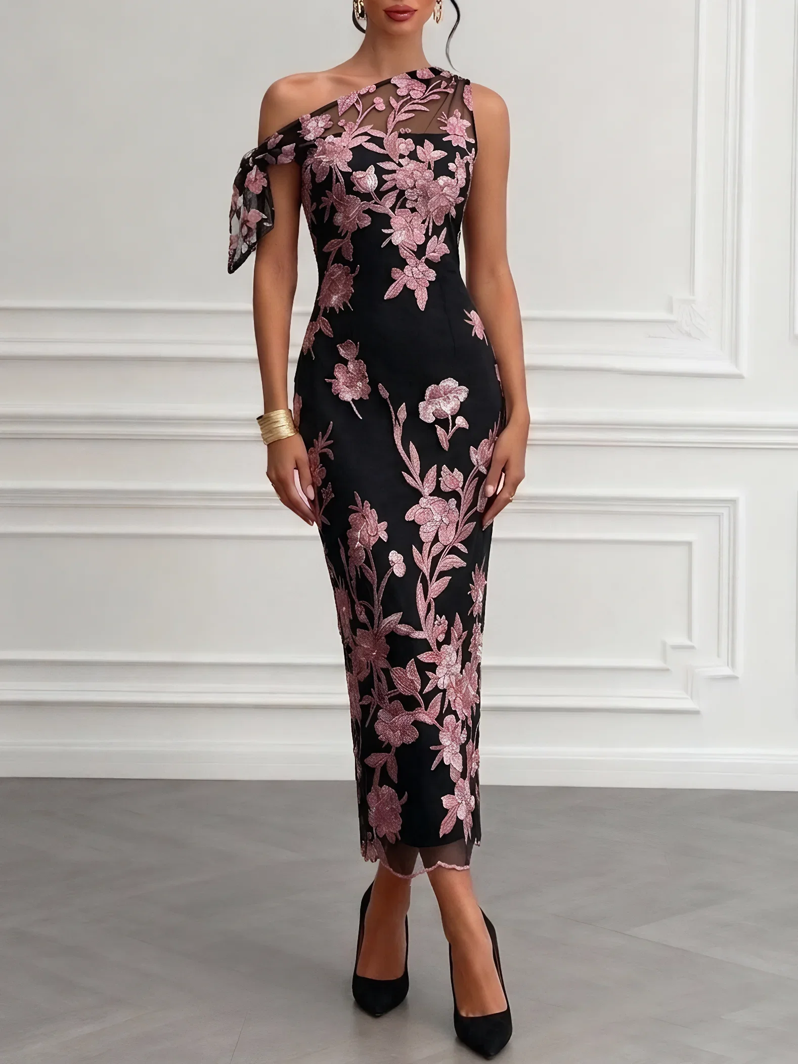 Black Embroidery Bow Lace One Shoulder Sleeveless Sheath Maxi Dress