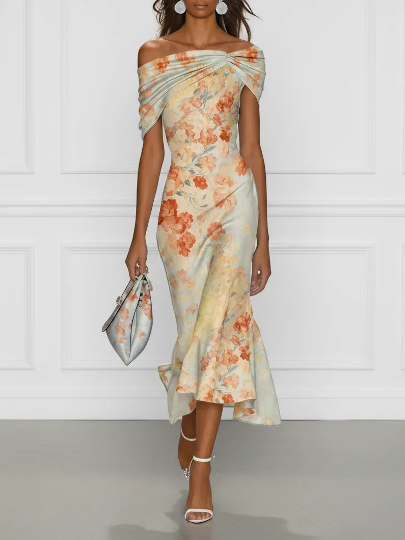 Light Blue Floral Classic Off The Shoulder Short Sleeve Mermaid Midi Dress