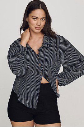 Pilcro Remy Shrunken Ruffle Collar Buttondown Shirt