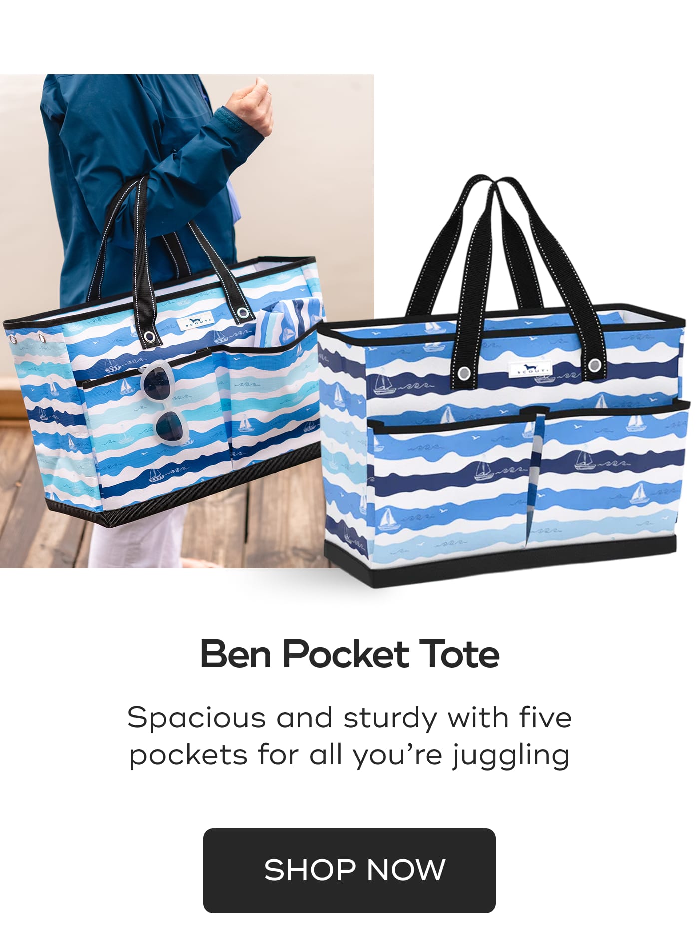 Ben Pocket Tote. Spacious and sturdy with five pockets for all you’re juggling. SHOP NOW