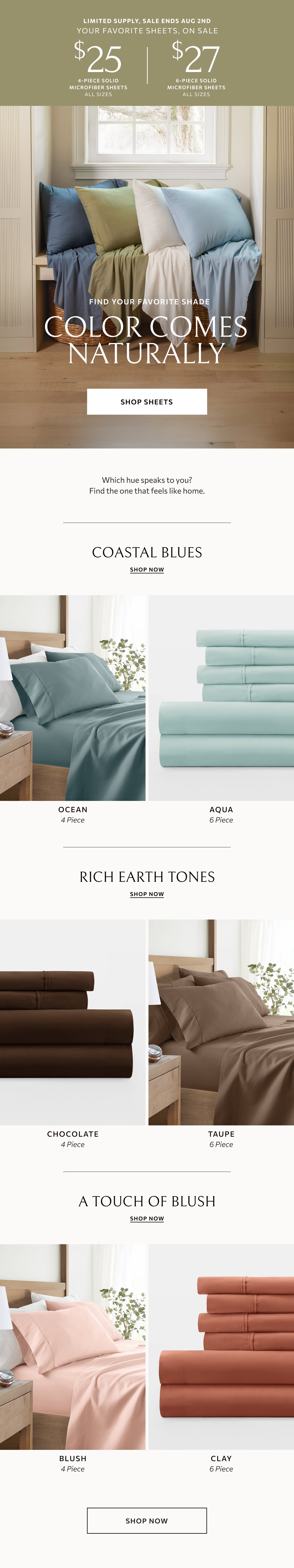 While supplies last - $25 all sizes 4-piece solid sheet sets & $27 all sizes 6-piece solid sheet sets + free shipping & returns.