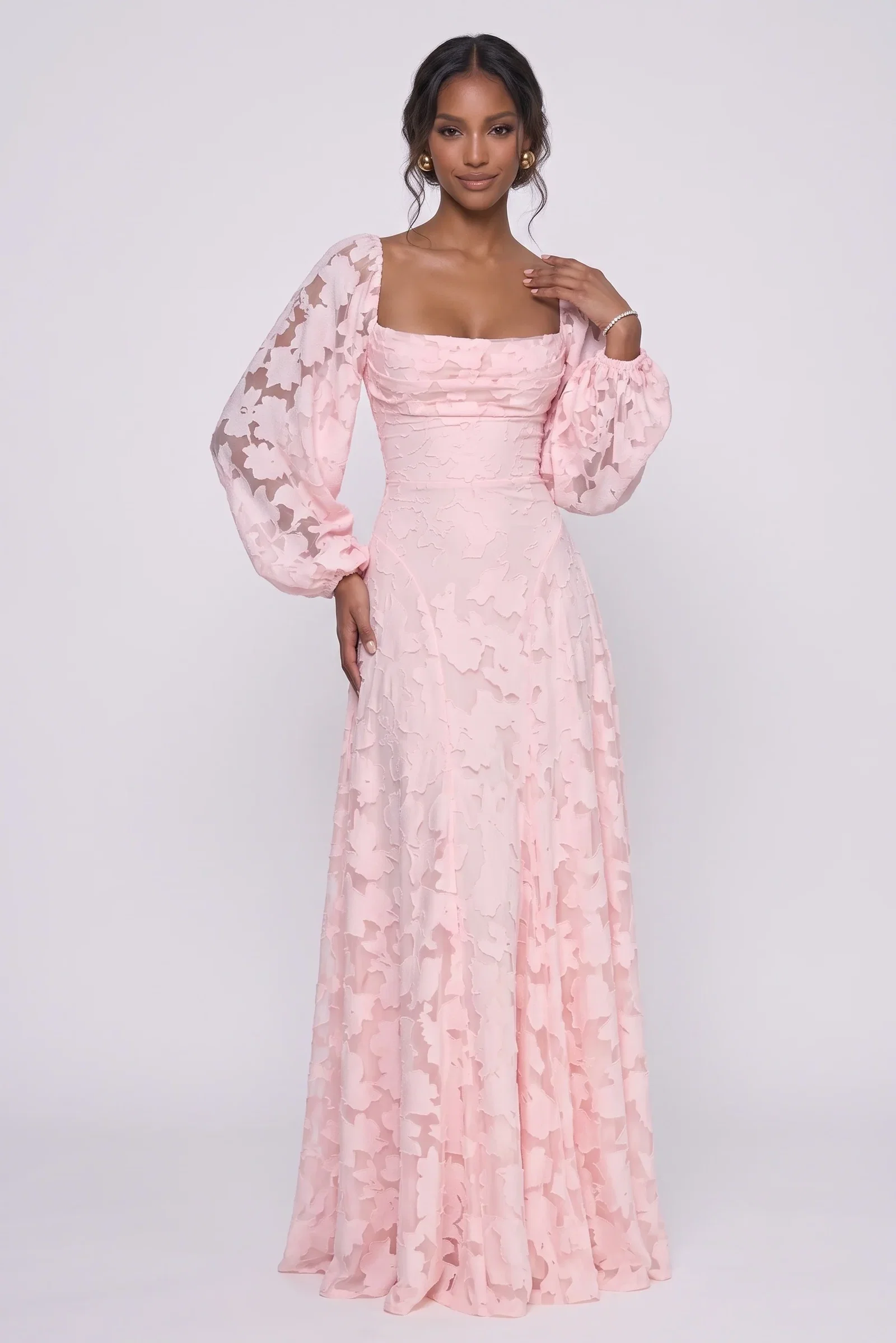 Image of A-Line Maxi Chiffon Burnout Wedding Guest Dress CG0340