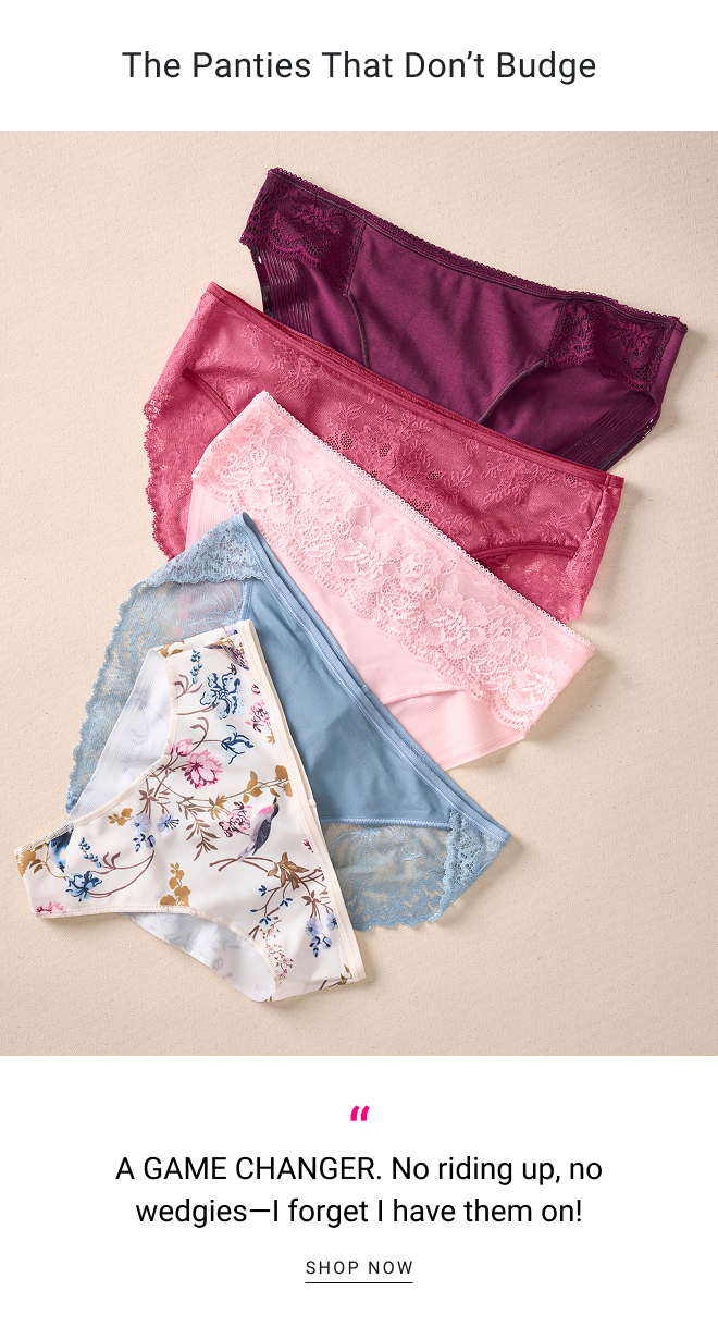 The Panties that don’t budge A GAME CHANGER. No riding up, no wedgies—I forget I have them on!“ SHOP NOW