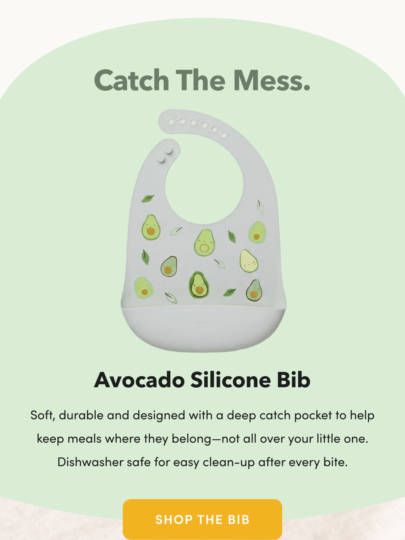 grey silicone baby bib with avocado print on a light green background with dark green headline and black body text