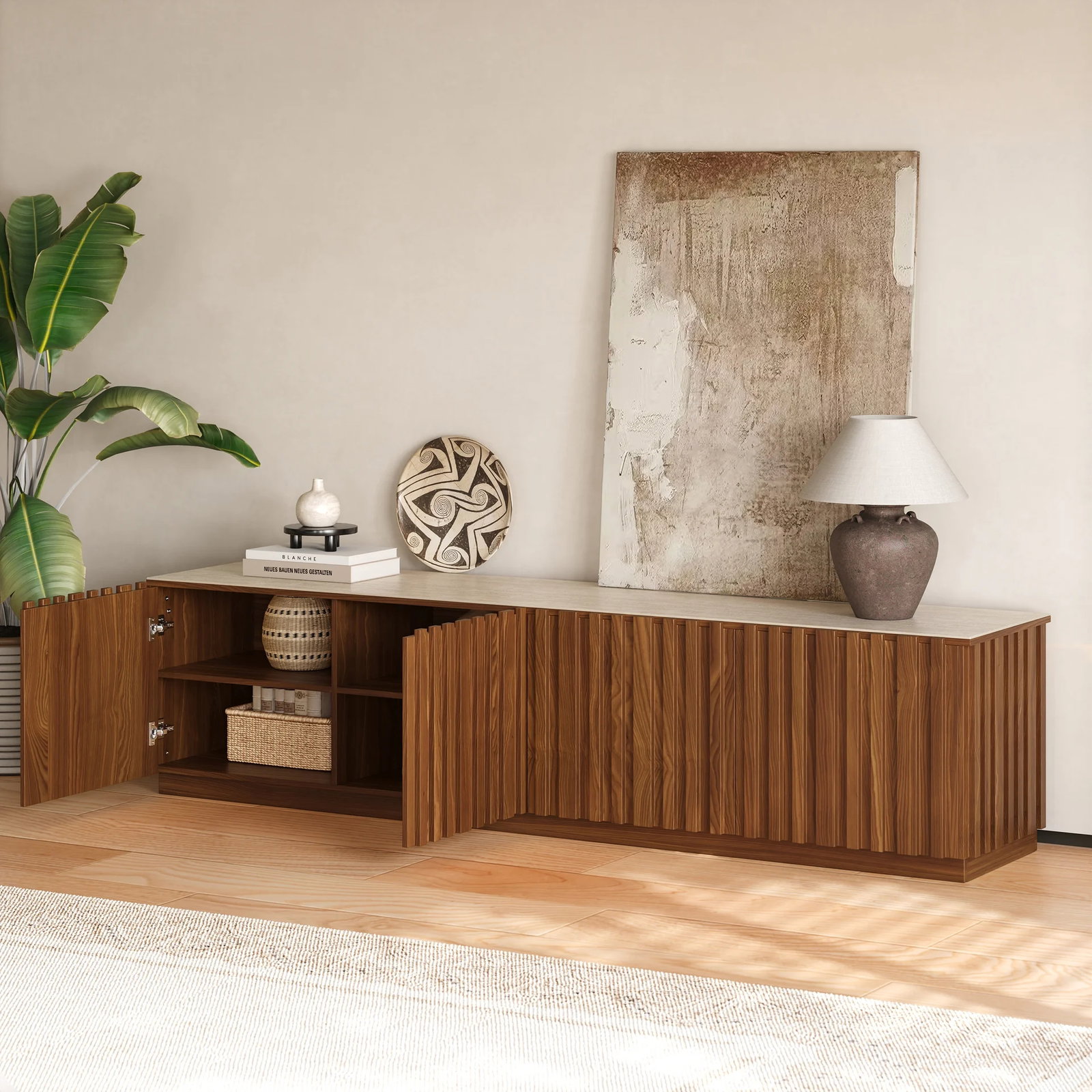 Aura 83" Ash Wood Fluted Walnut TV Stand with Sintered Stone Top