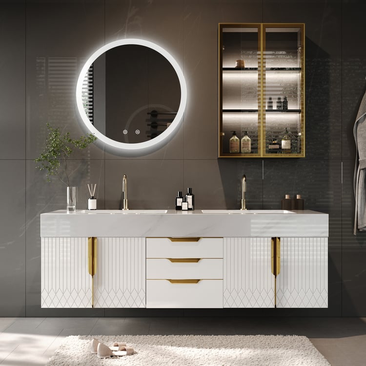 Aro 59" Floating Double Bathroom Vanity with Sink, Sintered Stone Top
