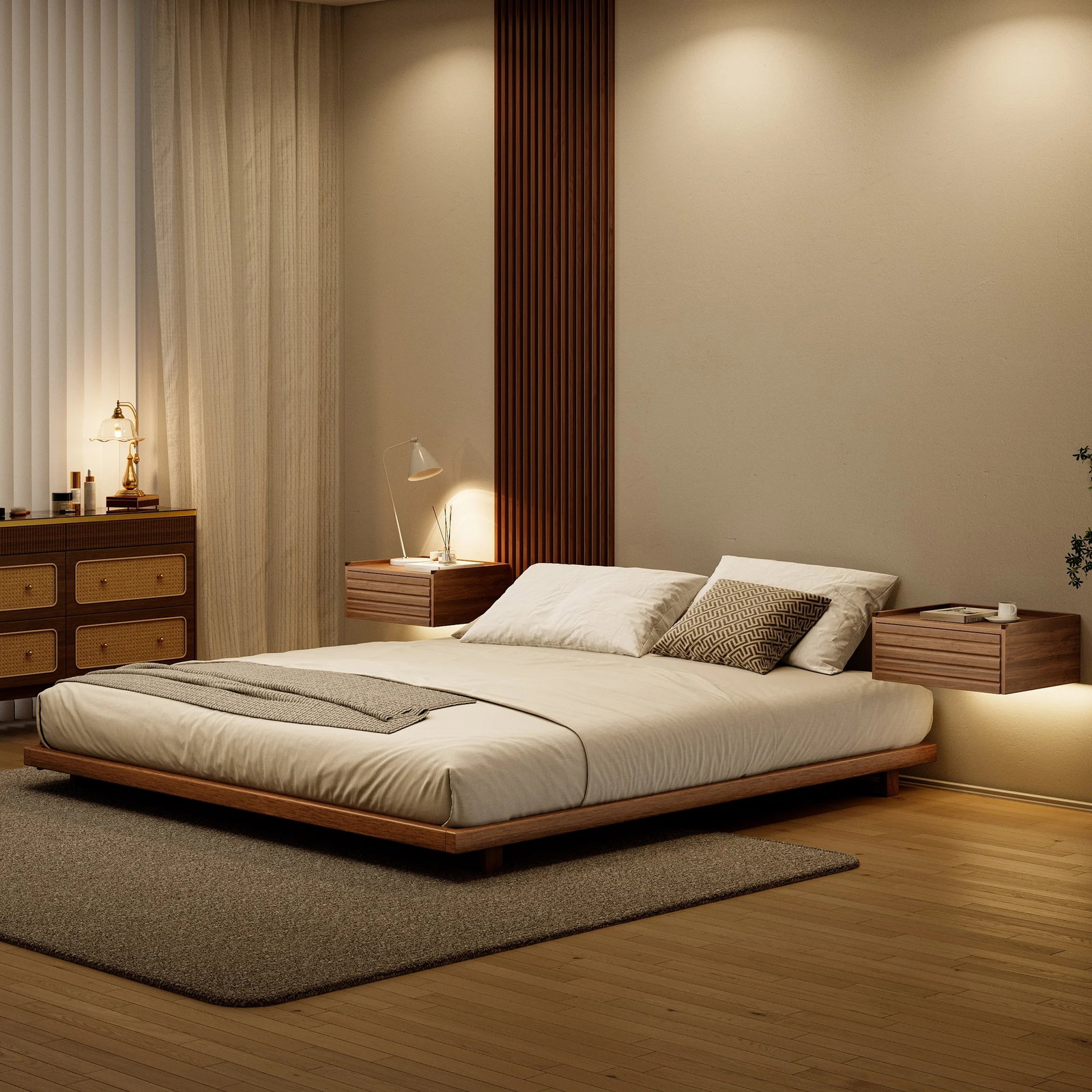 Japanese Style Queen Floor Wood Bed in Walnut