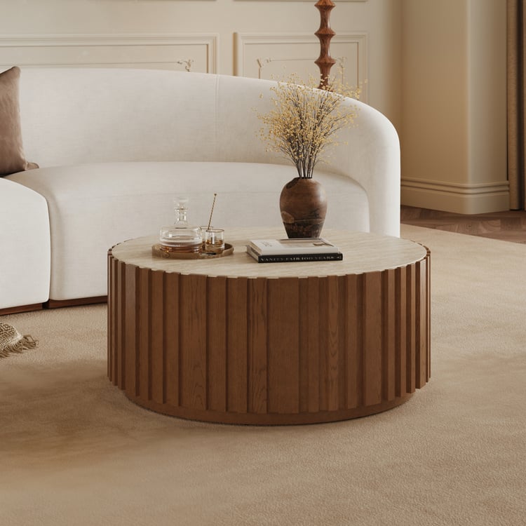 Aura 35" Ash Wood Slatted Round Coffee Table with Sintered Stone Top