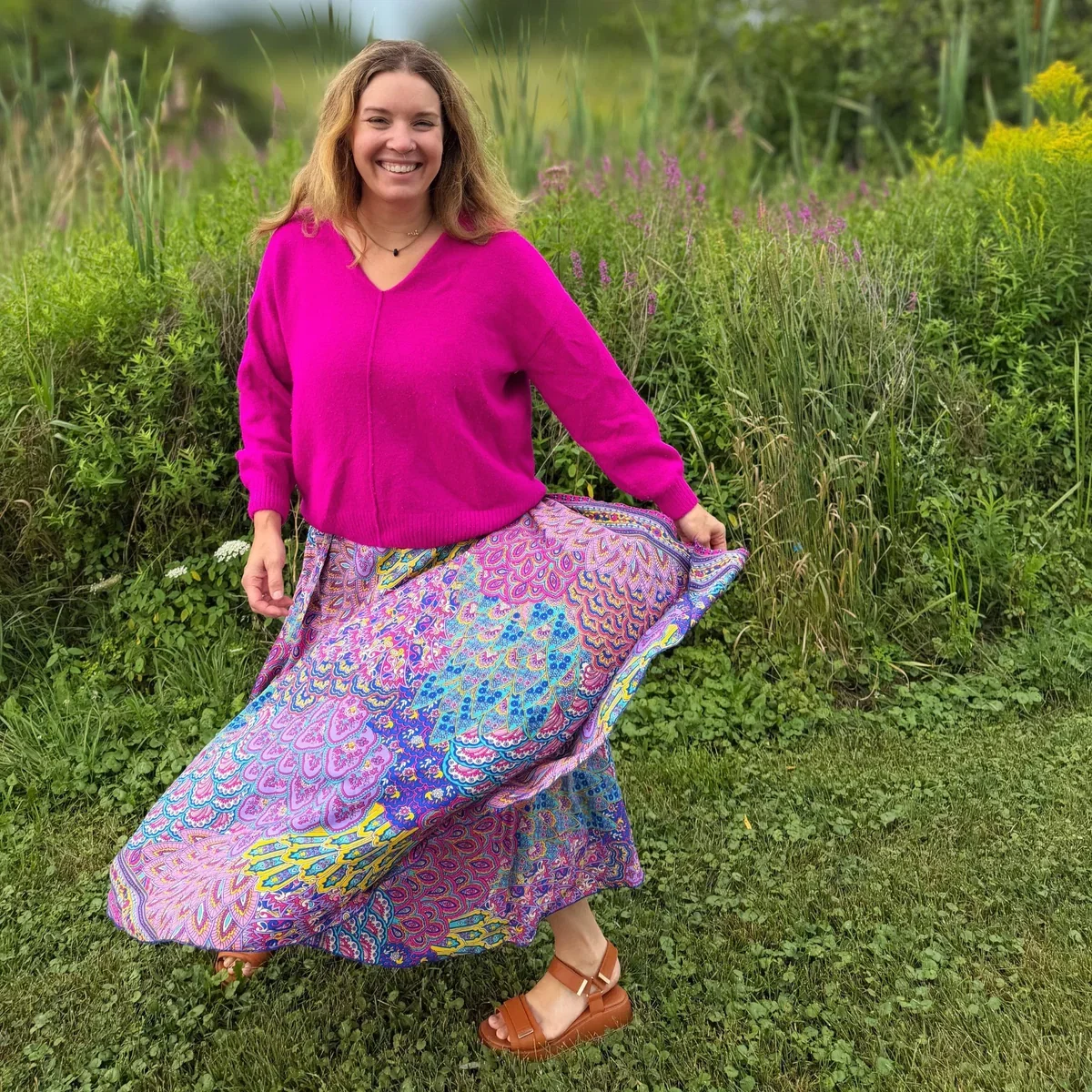 Nicole wearing the Peacock Mandala Printed Wrap Skirt on the farm