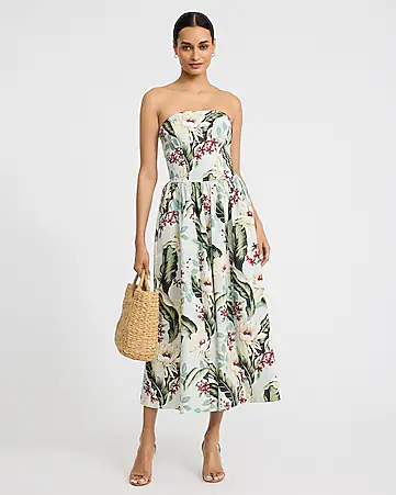 Cotton Poplin Floral Strapless Dipped Waist Midi Dress with Pockets