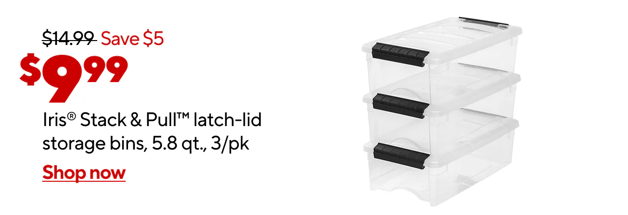 $9.99 IRIS 3Pk 5.8Qt Latching Stackable Totes