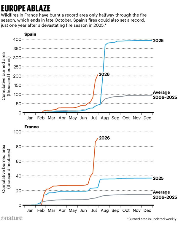Line charts showing the cumulative area burnt by wildfires in France and Spain in 2026, 2025 and the average of 2006 to 2025. Wildfires in France have burnt a record area this year, only halfway through the fire season, which ends in late October. Spain's fires could also set a record, just one year after a devastating fire season in 2025.