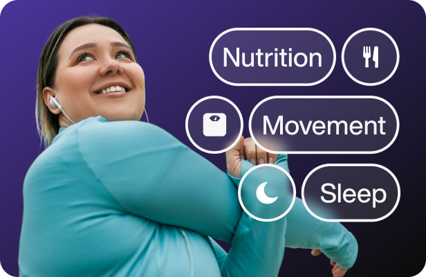 A woman working out, with icons showing the three pillars Lumen tracks: Nutrition, Movement, and Sleep