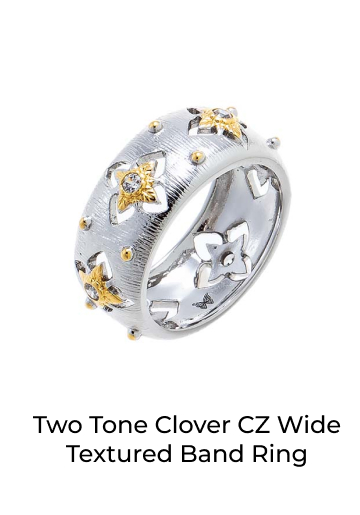 Two Tone Clover CZ Wide Textured Band Ring