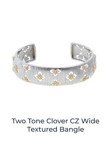Two Tone CLover CZ Wide Textured Bangle