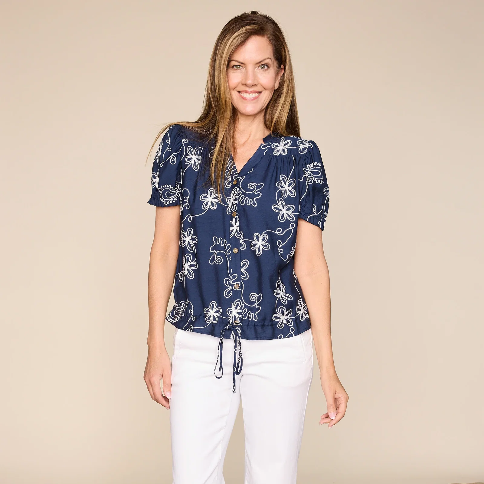 Image of Embroidered Adjustable Tie Waist Button Front Blouse