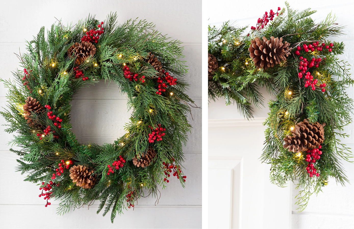 Pre-lit Christmas wreath and garland with pinecones, red berries, and mixed greenery.