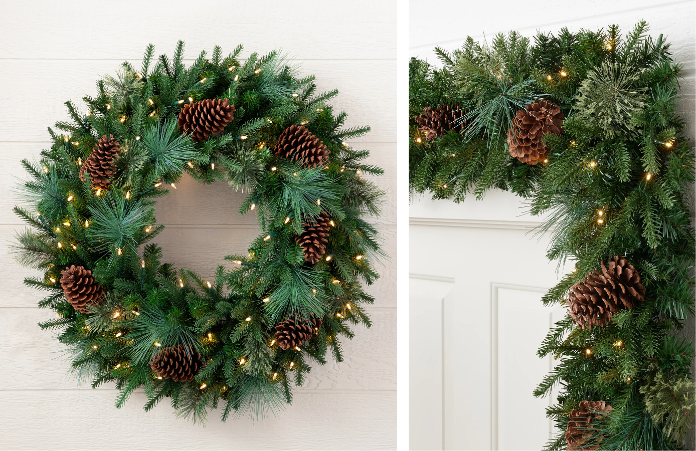 Pre-lit Christmas wreath and garland with pinecones and mixed green foliage.