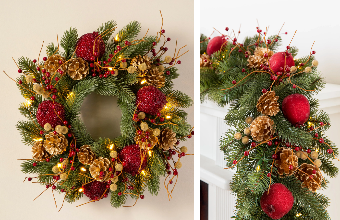 Pre-lit Christmas wreath and garland with red ornaments, gold pinecones, berries, and greenery.