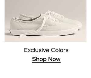 A side view of the Keds Champion Canvas Lace-Ups in oatmeal which were $59.95 and are now $41.99 for a limited time. Text under the sneakers says Exclusive Colors. Shop Now.
