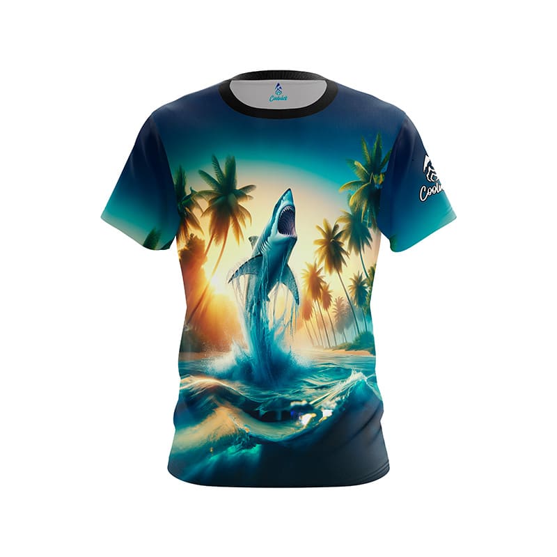 Image of Palm Trees and Sharks CoolWick Bowling Jersey - Plain