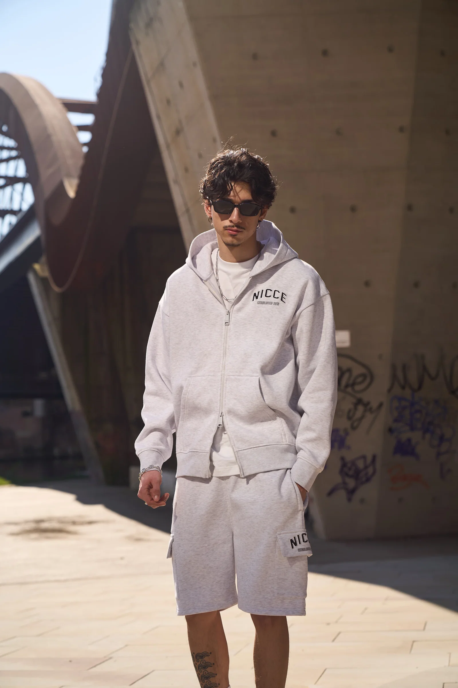 Image of NICCE Mens Elevate Zip Thru Hoodie & Shorts Set | Grey Marl
