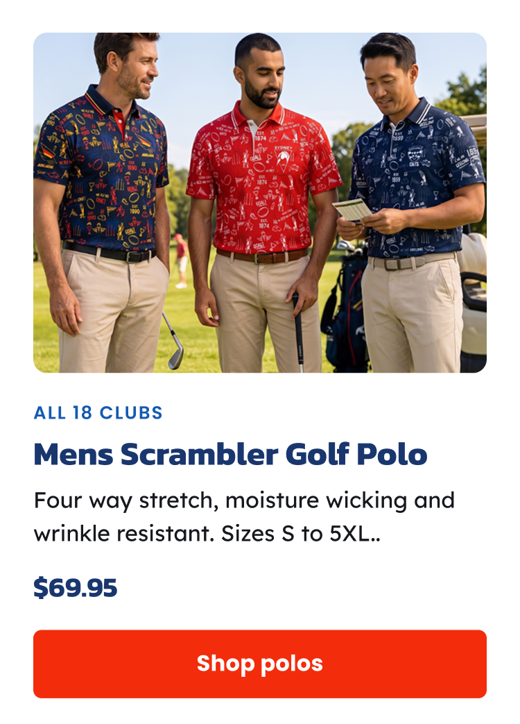 Three men on a golf green wearing AFL Mens Scrambler Golf Polos
