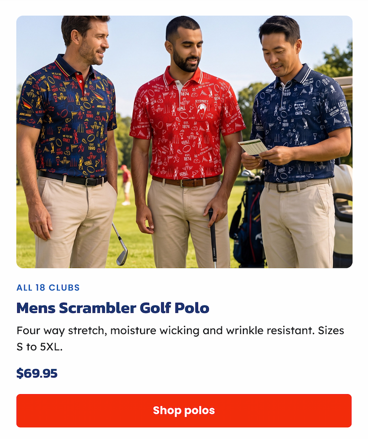 Three men on a golf green wearing AFL Mens Scrambler Golf Polos