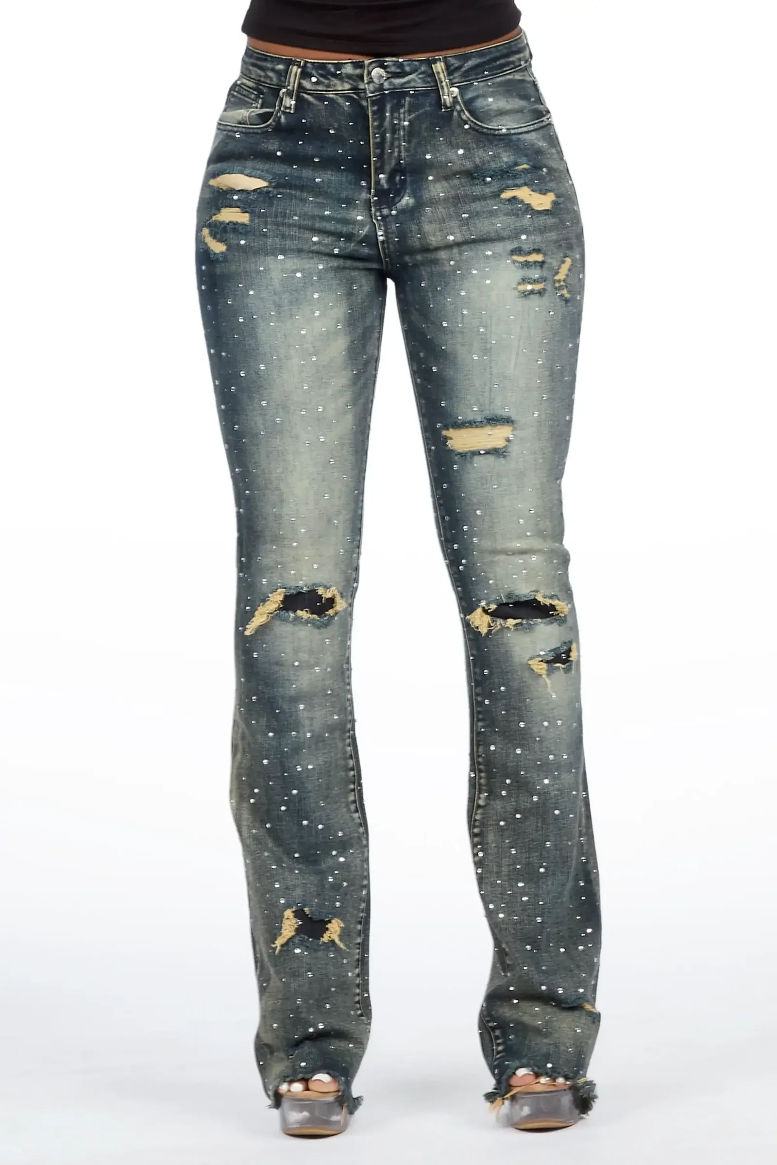 Image of Kelle Tint Wash Rhinestone Stacked Jean