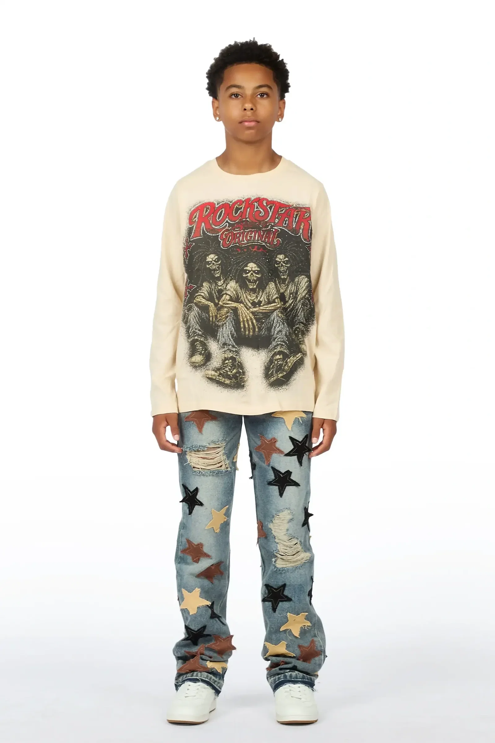 Image of Boys Wilder Sand/Blue Long Sleeve T-shirt Patchwork Jean Set