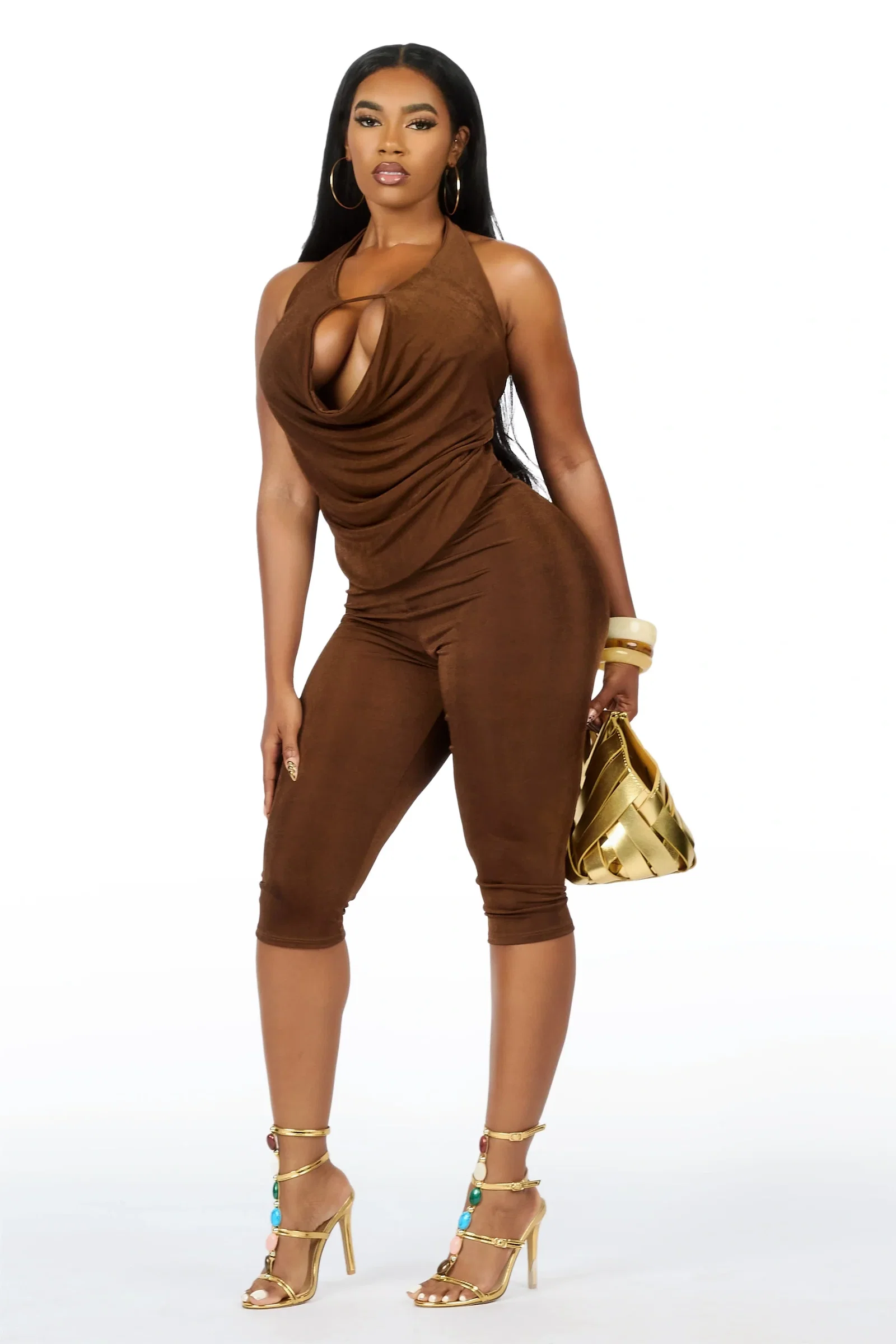Image of Draped-Up Brown Matching Capri Set