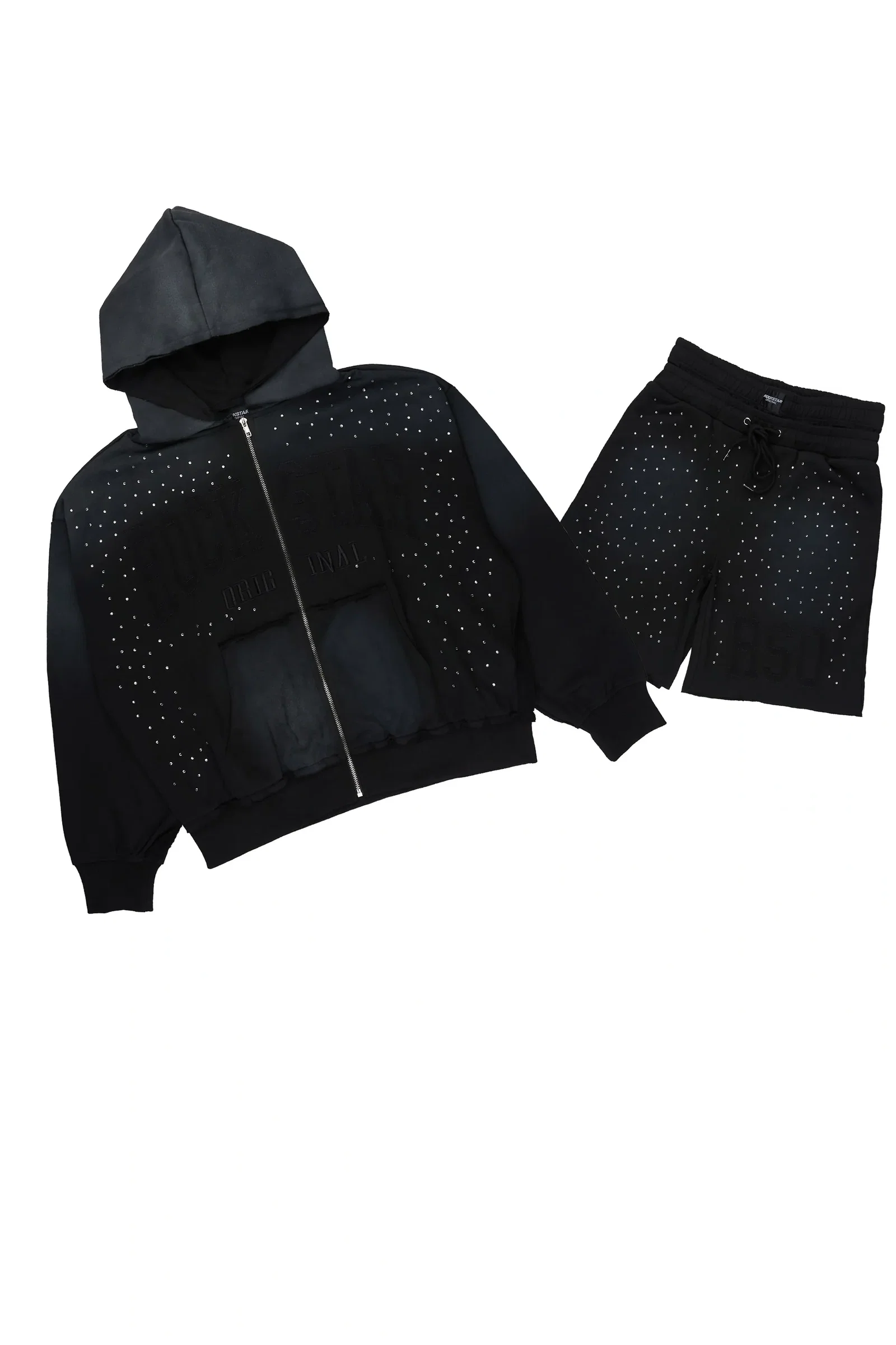 Image of Akila Black Rhinestone Hoodie Double Waisted Short Set