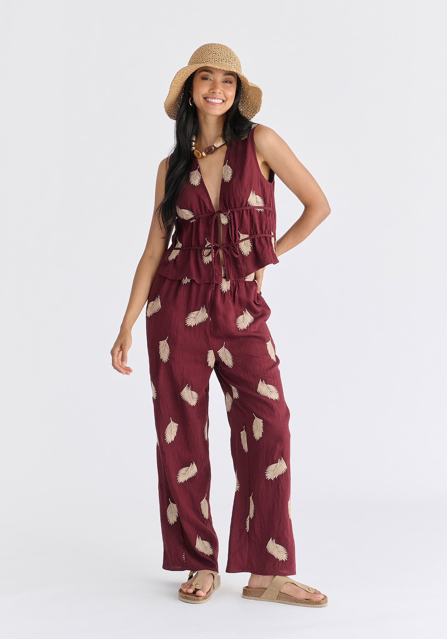 Leaf Embroidered Tie Front Waistcoat