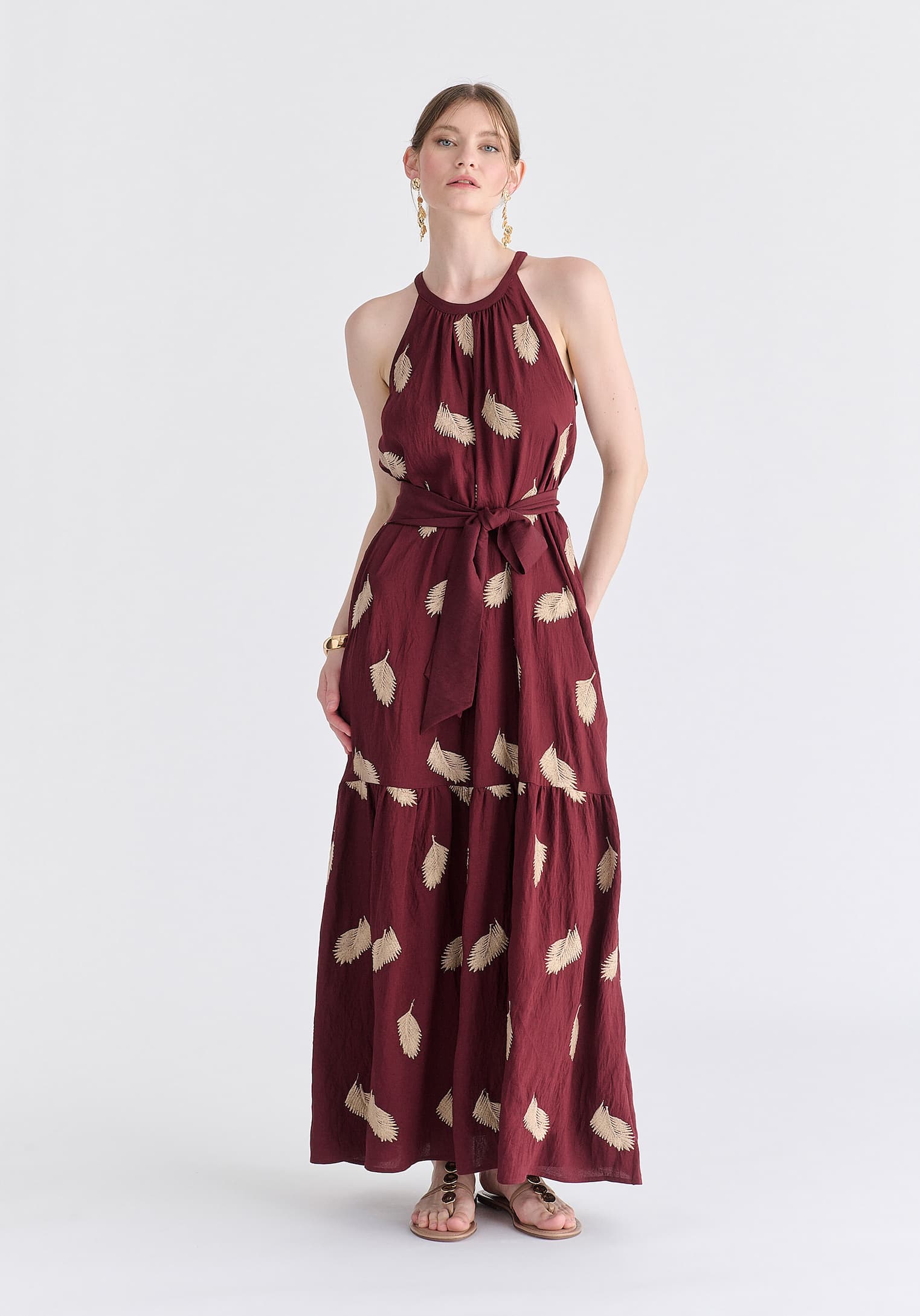 Leaf Embroidered Halterneck Maxi Dress