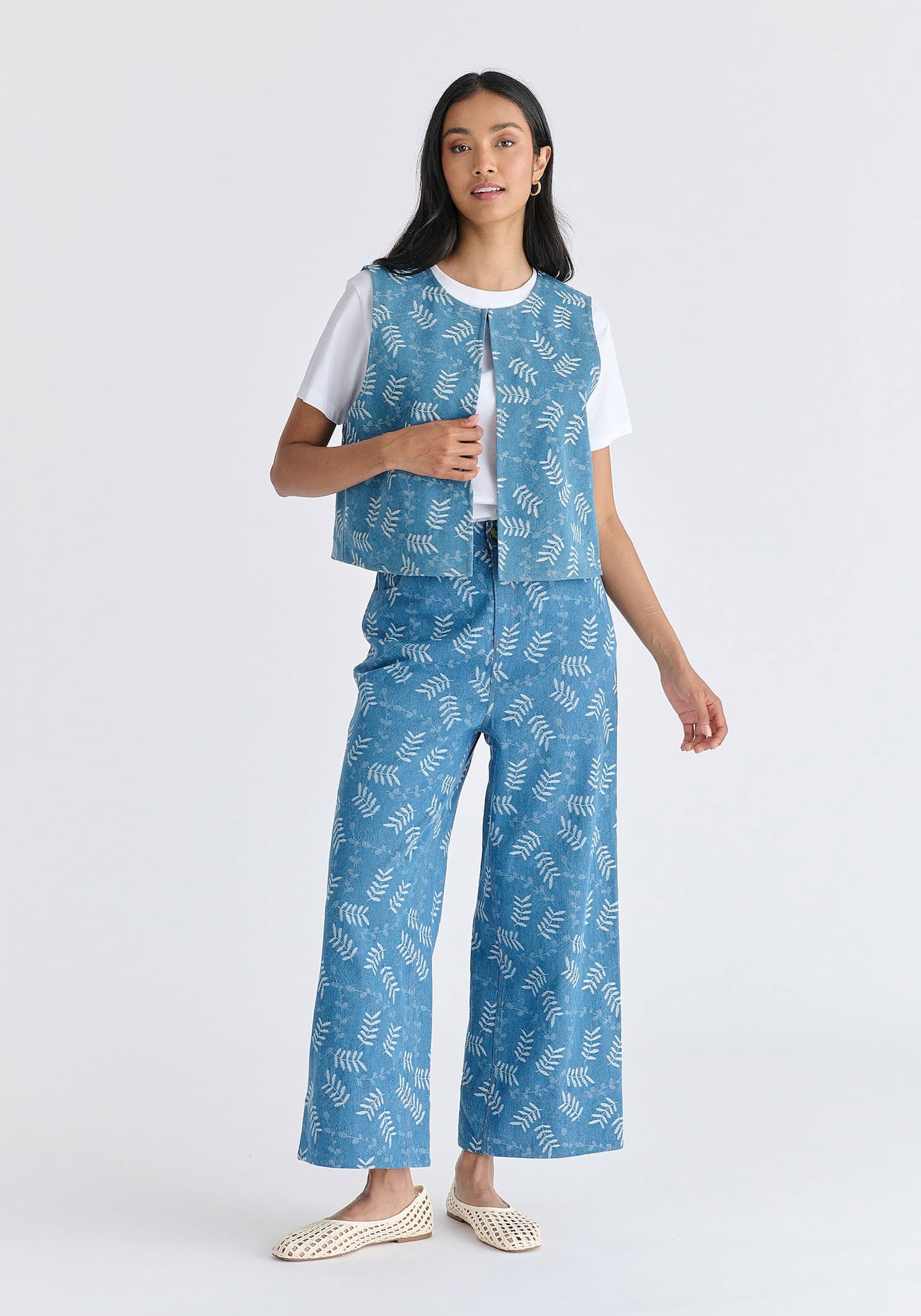 Denim Gilet in Leaf Pattern