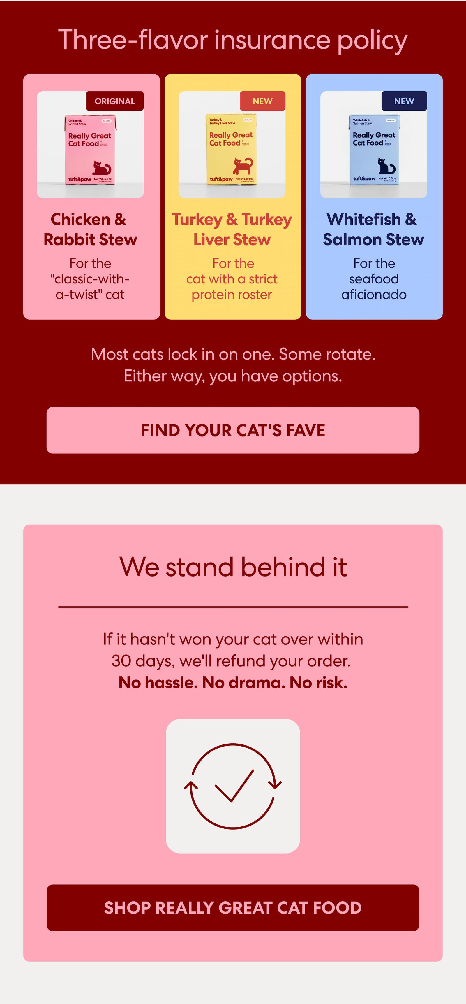 If it hasn't won your cat over within 30 days, we'll refund your order for 24-packs and up. No hassle. No drama. No risk.
