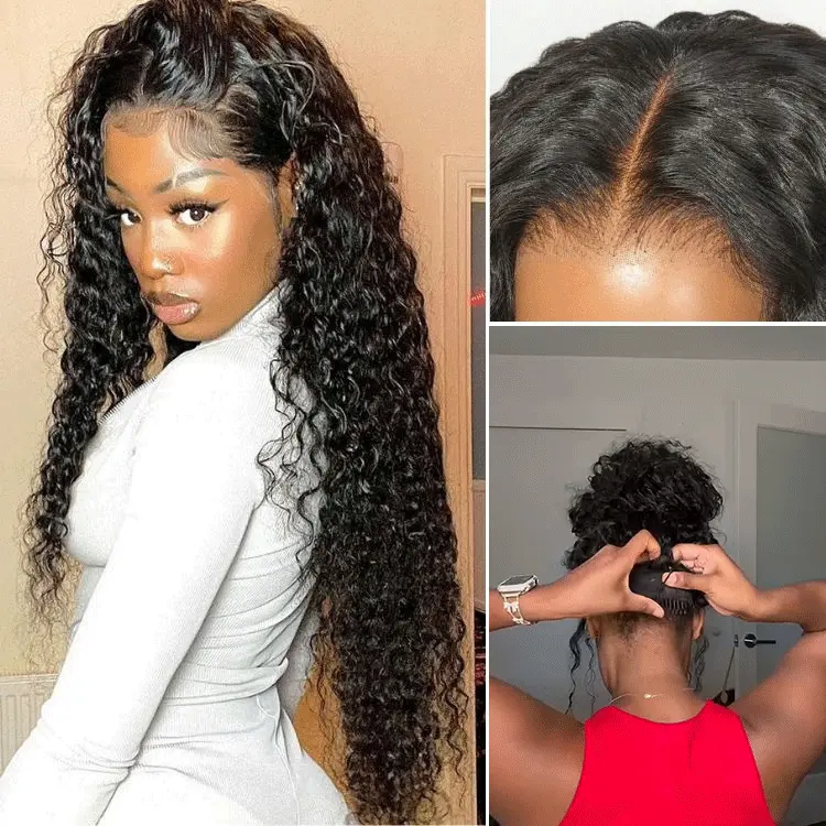 Image of PreMax 180% / 250% Density Water Wave Glueless Flexi-Fit Drawstring 13x4 Frontal Lace Fluffy Curly Wig Pre-Cut Lace