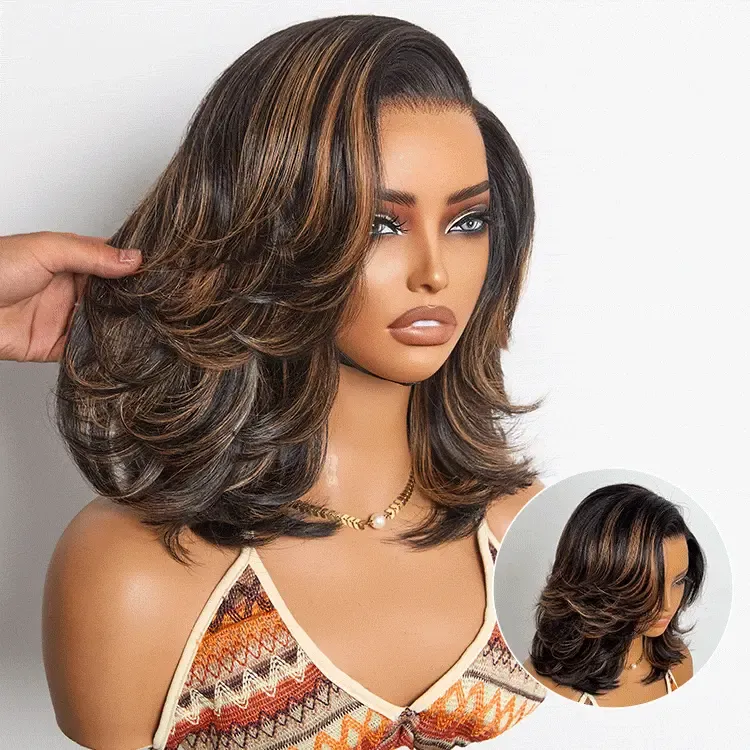 Image of Brown Highlight Layered Wavy Butterfly Haircut Glueless Minimalist HD Lace Wig Pre-Cut Lace