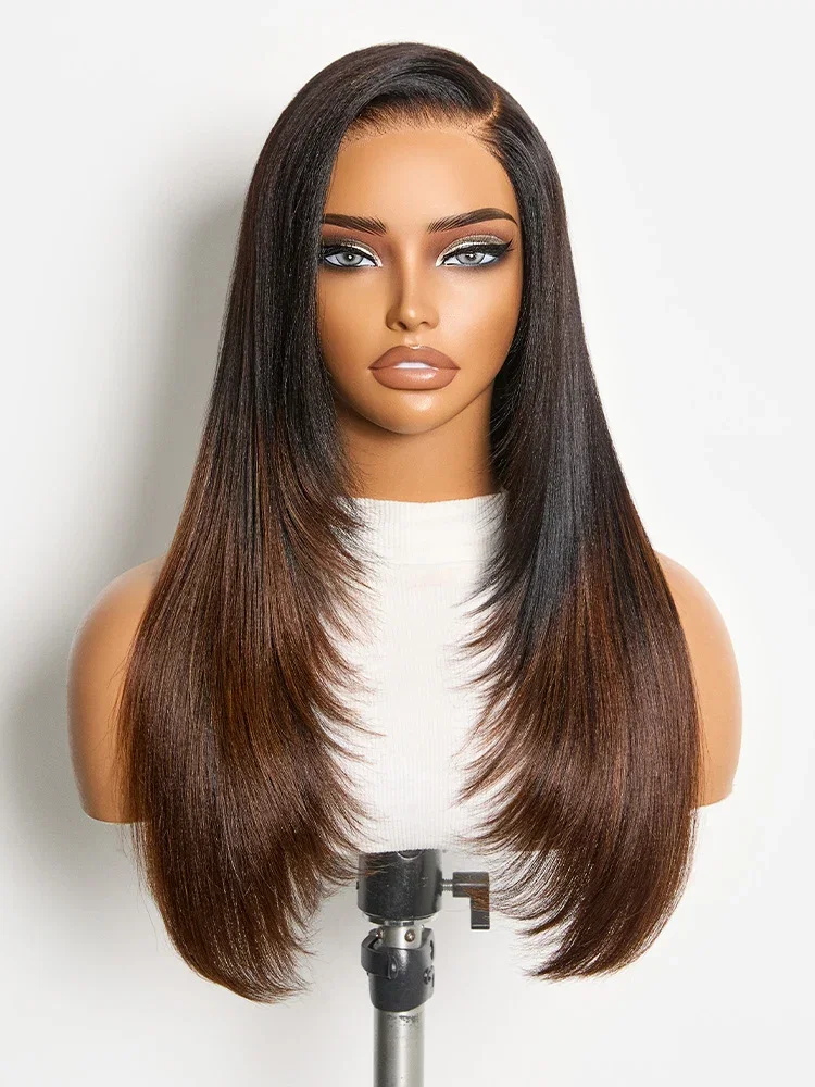 Image of Luvme All-Day Comfort™ Wig 180% Density Ombre Brown Butterfly Cut Layered Light Yaki Straight Glueless 7x6 Closure HD Lace Human Hair Wig Pre-Cut Lace