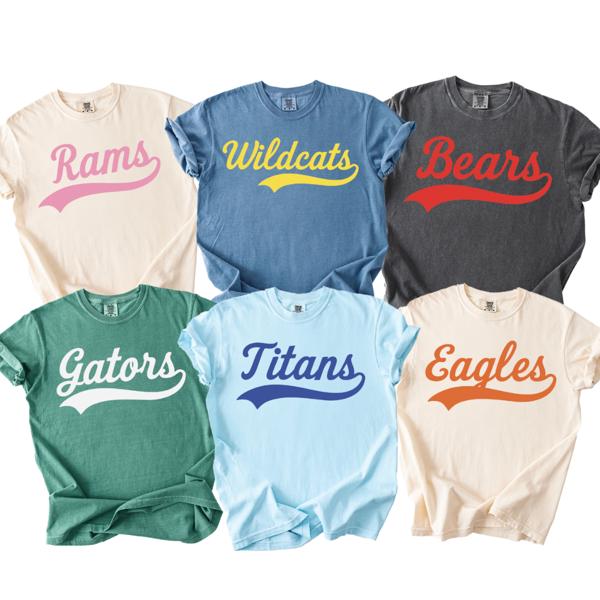 Custom Team Name Script Tee, Retro Mascot Shirt, Comfort Colors Game Day Tee, Gift For High School, School Spirit Shirt, Sports Mom Tee, Personalized Team Apparel